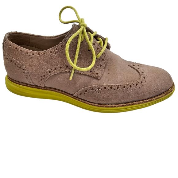 Cole Haan Shoes Womens Size 5.5 Tan Wingtip Oxford Suede Lace Up Chartreuse - Picture 6 of 15